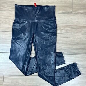 Spanx Leggings Womens Medium Black Faux Leather Metallic Shiny